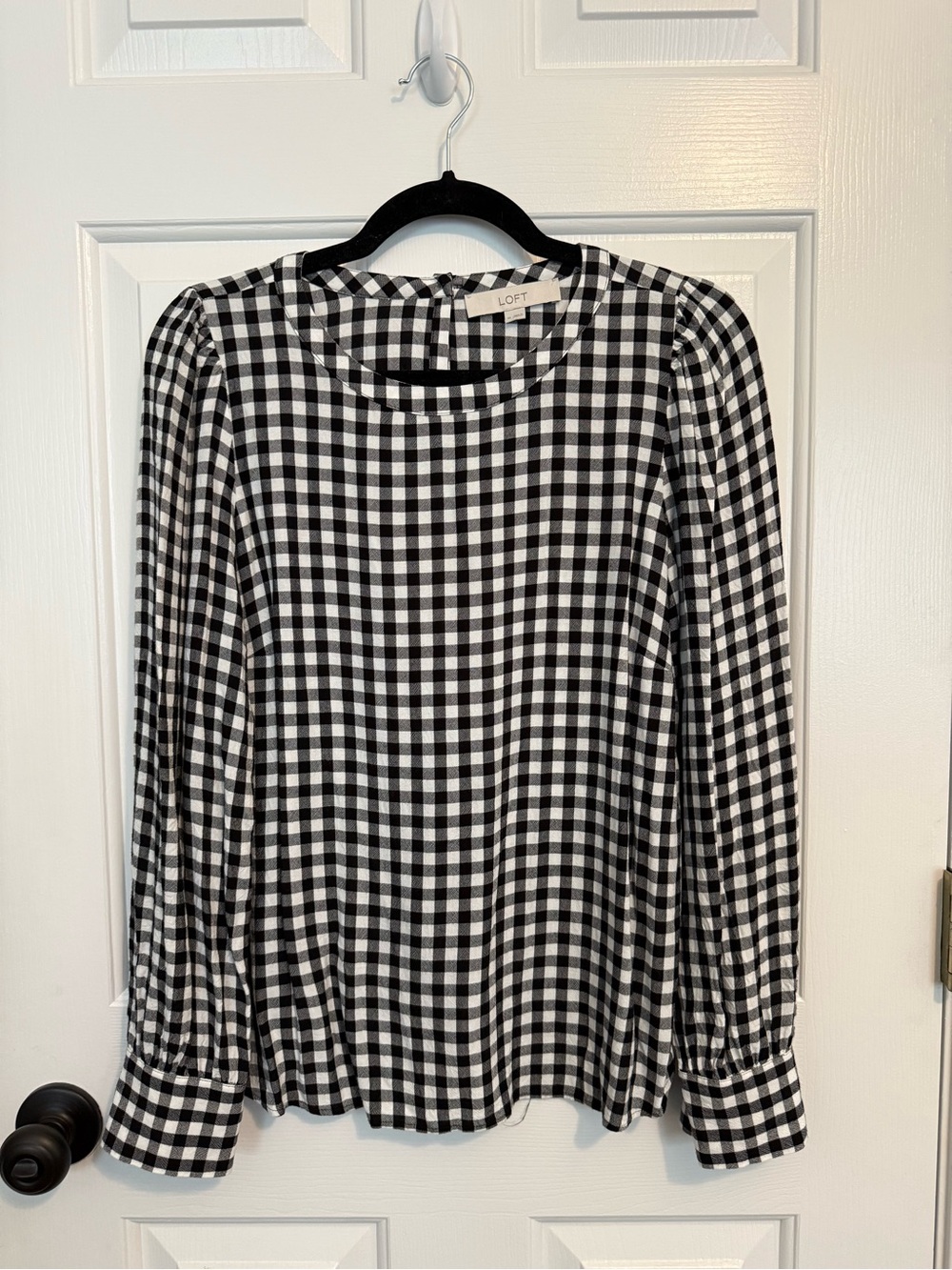 LOFT Black & White Gingham Long Sleeve Blouse